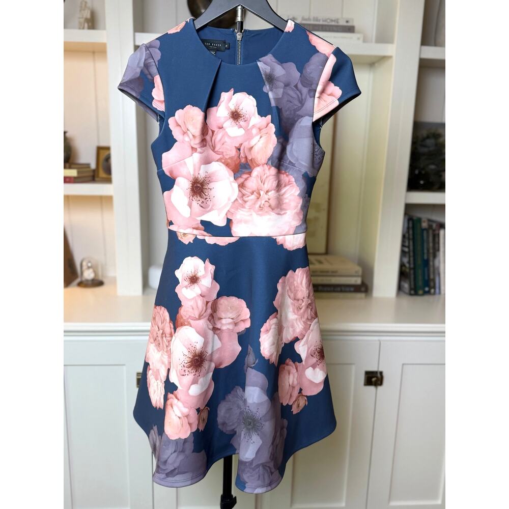 🌸 Ted Baker London Floral Fit & Flare Dress | Size 0 (US 0/2) | Blue/Blush